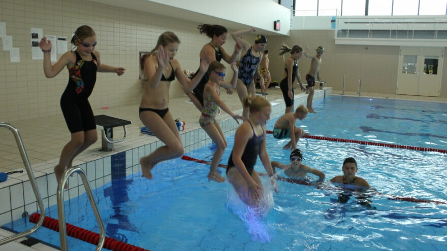 Overzichtsfoto van een aantwal zwemmers die vanaf het startblok in het water in springen.