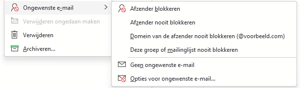 Menu Ongewenste e-mail.